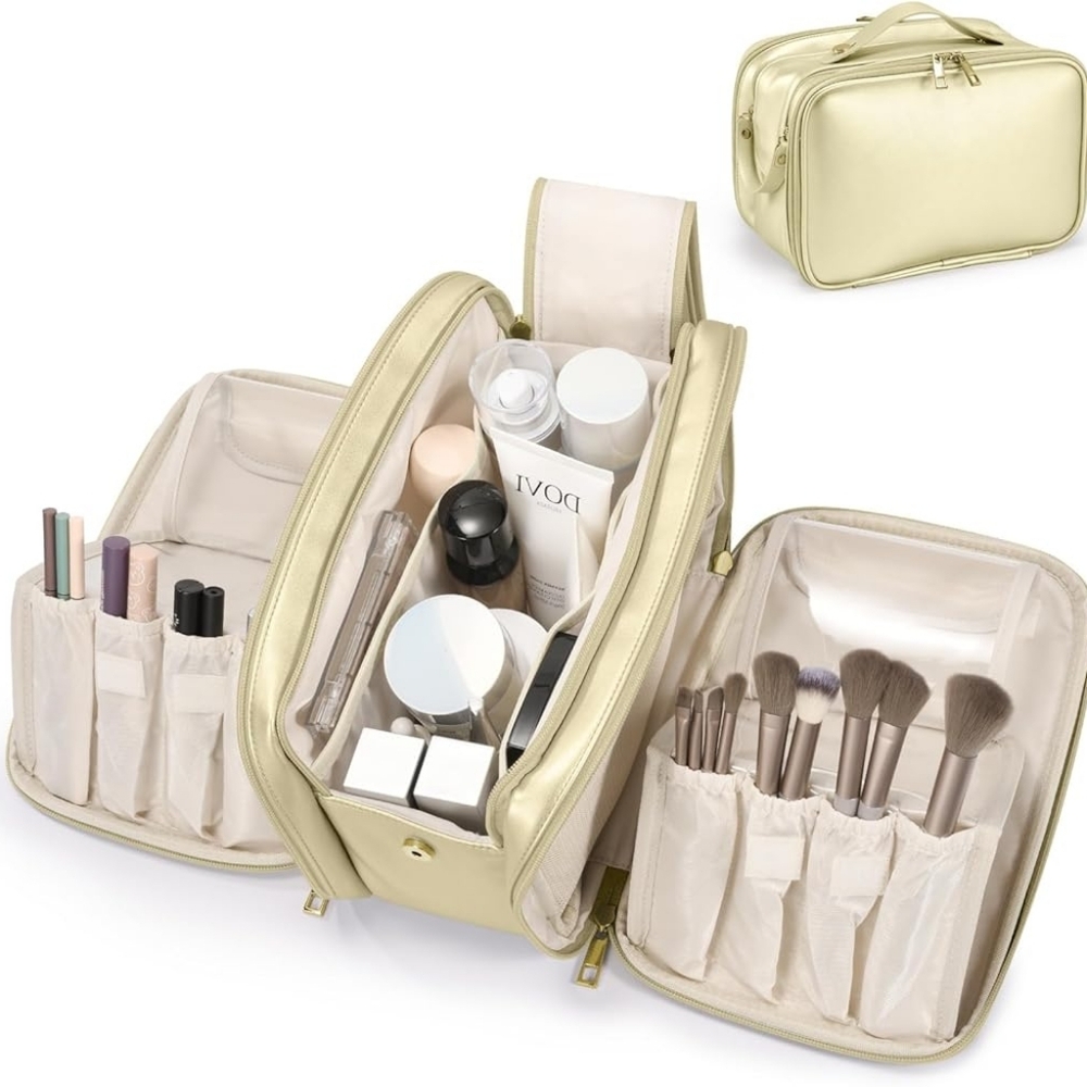 Gold Travel Makeup Bag Large Capacity Cosmetic Portable Organizer, Waterproof